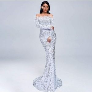 Elegant Silver Sequin Off-Shoulder Prom Dress